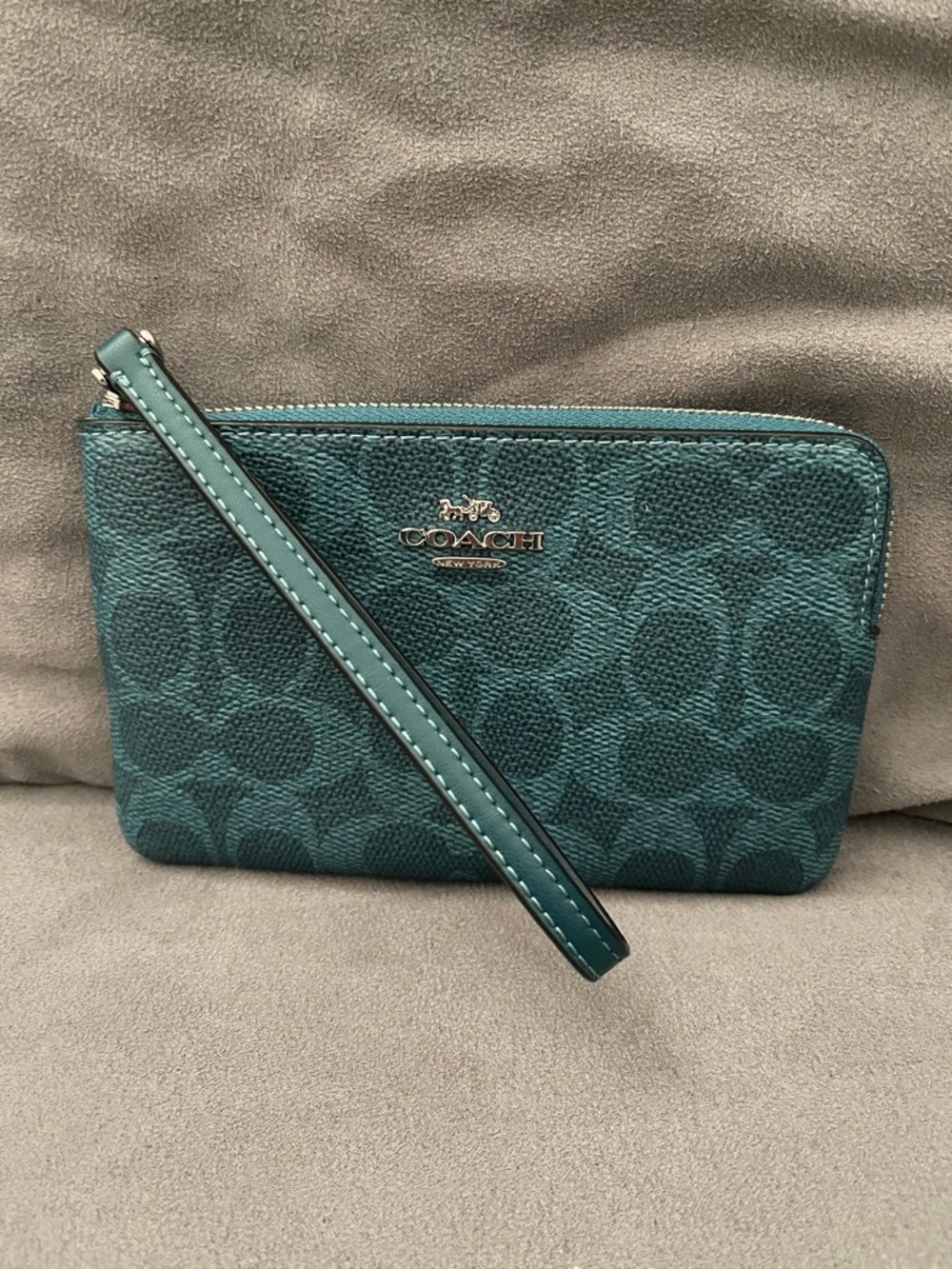 COACH Teal Signature Zip Wristlet with Detachable Strap